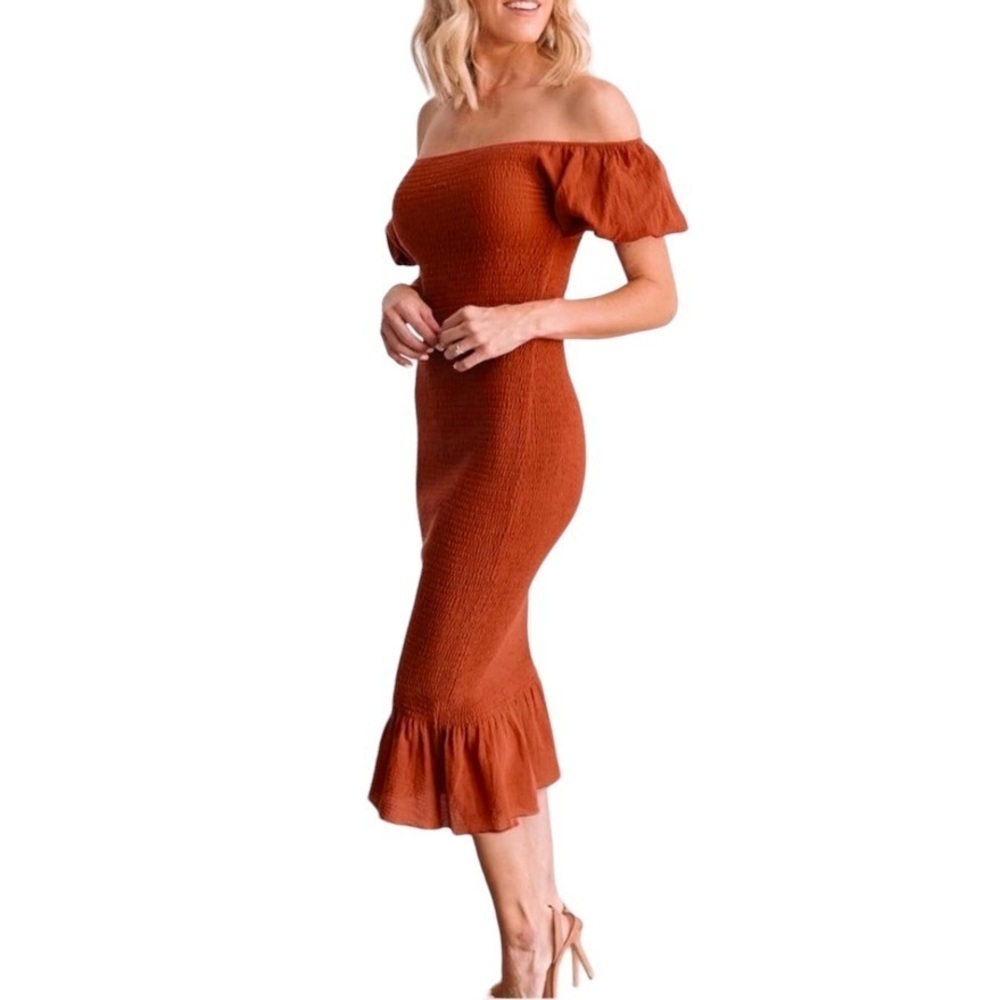 NWT BerryGo Women's Smocked Bodycon Off Shoulder Puff Short Sleeve Mermaid Dress - Picture 2 of 14